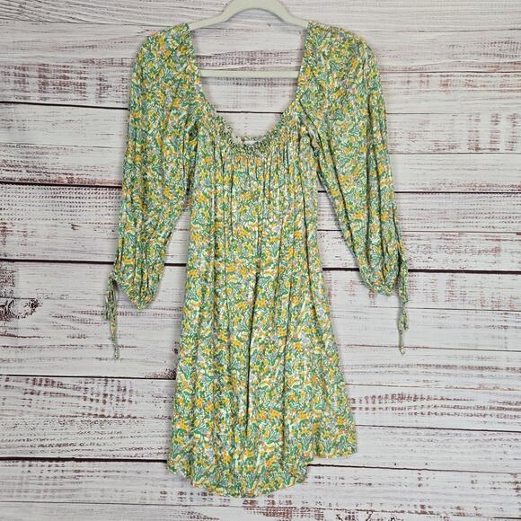 Faithfull The Brand Prairie Dress Sz M Green Yellow Floral Smocked Cottage Fairy - Picture 1 of 12